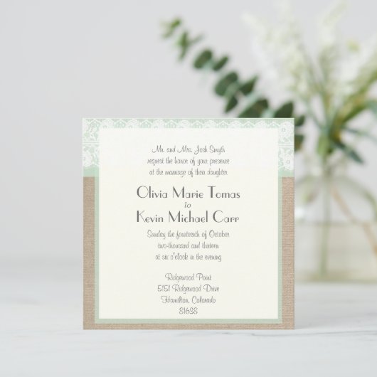Burlap & Lace Mint Wedding Invitation Kaart (Staand voorkant)