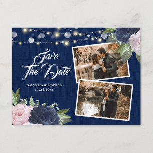 Burlap Lace Navy Blue Blush Save the Date Photo Aankondigingskaart