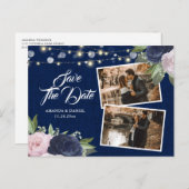 Burlap Lace Navy Blue Blush Save the Date Photo Aankondigingskaart (Voorkant / Achterkant)