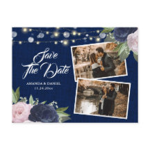 Burlap Lace Navy Blue Blush Save the Date Photo