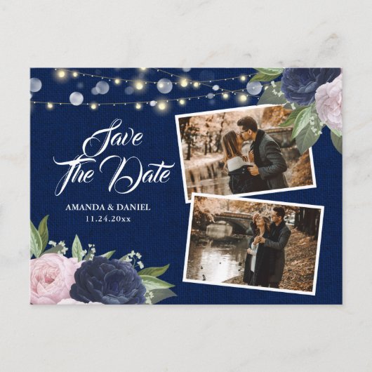 Burlap Lace Navy Blue Blush Save the Date Photo Aankondigingskaart (Voorkant)