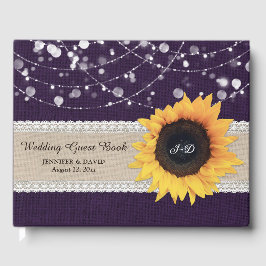 Burlap Lace Paarse Sunflower Weddenboek Gastenboek