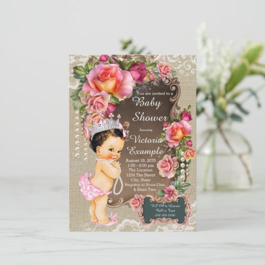 Burlap Lace Pearl Princess Baby shower Rustic Kaart (Staand voorkant)