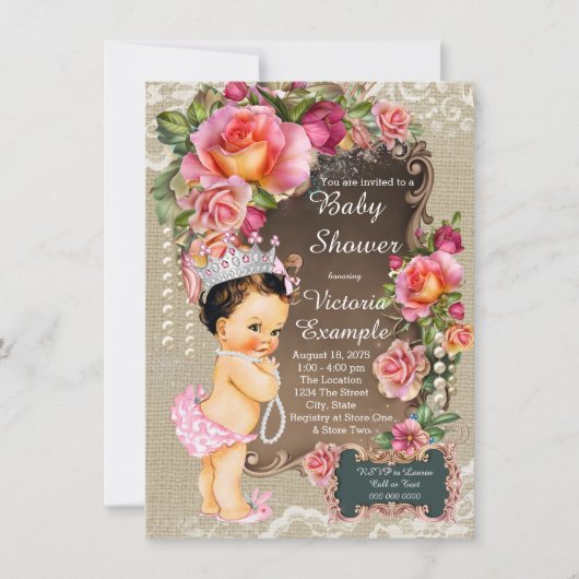 Burlap Lace Pearl Princess Baby shower Rustic Kaart (Voorkant)