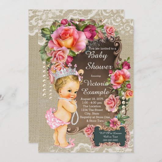 Burlap Lace Pearl Princess Baby shower Rustiek Chi Kaart (Voorkant / Achterkant)