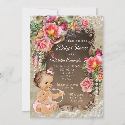Burlap Lace Pearl Rustic Baby Shower Uitnodigingen (Voorkant)
