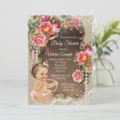 Burlap Lace Pearl Rustic Baby Shower Uitnodigingen (Staand voorkant)