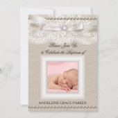 Burlap Lace Photo Baptism/Christening Invitation Kaart (Voorkant)