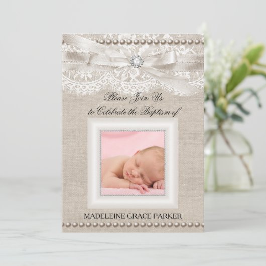 Burlap Lace Photo Baptism/Christening Invitation Kaart (Staand voorkant)