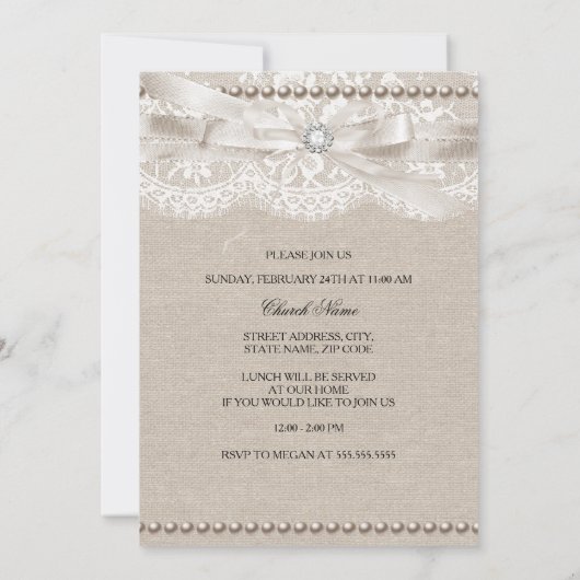 Burlap Lace Photo Baptism/Christening Invitation Kaart (Achterkant)
