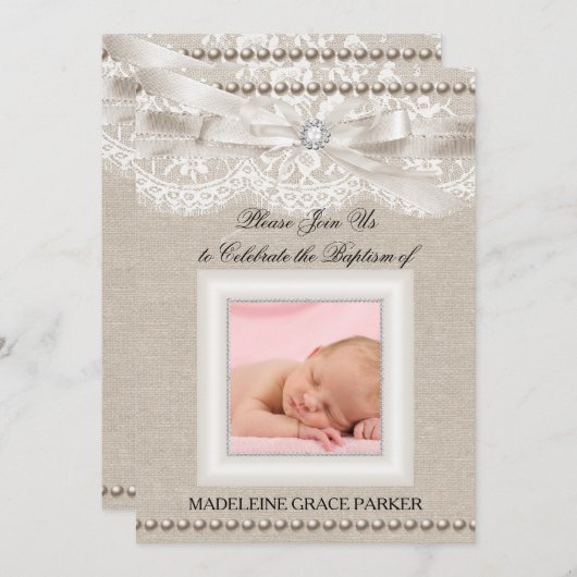 Burlap Lace Photo Baptism/Christening Invitation Kaart (Voorkant / Achterkant)