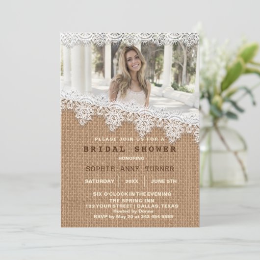  Burlap Lace Photo Vrijgezellenfeest Kaart (Staand voorkant)