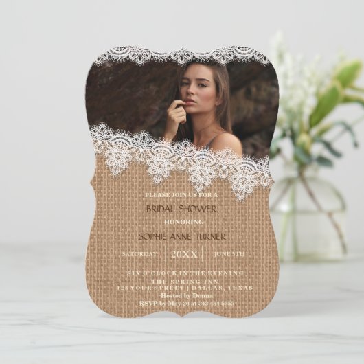  Burlap Lace Photo Vrijgezellenfeest Kaart (Staand voorkant)