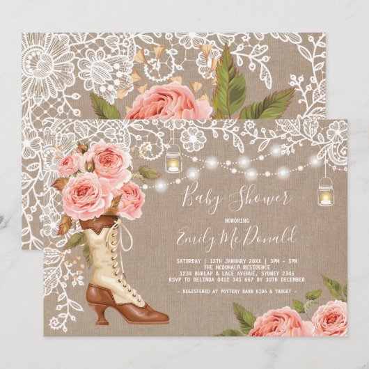 Burlap Lace Pink Floral Baby shower Cowgirl Boots Kaart (Voorkant / Achterkant)