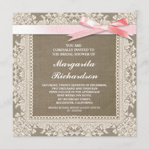 Burlap Lace & Pink Ribbon vrijgezellenfeest uitnod Kaart