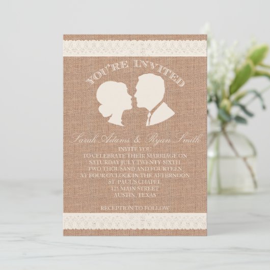 Burlap & Lace Print bruiloft uitnodiging (Staand voorkant)