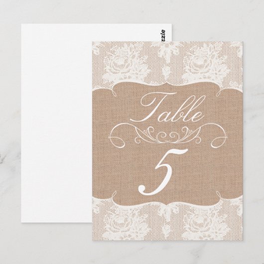 Burlap & Lace Print Trouwtafel nummer Kaarten (Voorkant / Achterkant)