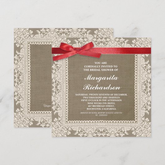 Burlap Lace & Red Ribbon vrijgezellenfeest uitnodi Kaart (Voorkant / Achterkant)