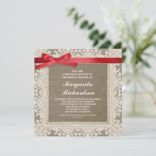 Burlap Lace & Red Ribbon vrijgezellenfeest uitnodi Kaart (Staand voorkant)