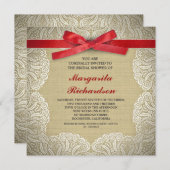 Burlap Lace & Red Ribbon vrijgezellenfeest uitnodi Kaart (Voorkant / Achterkant)