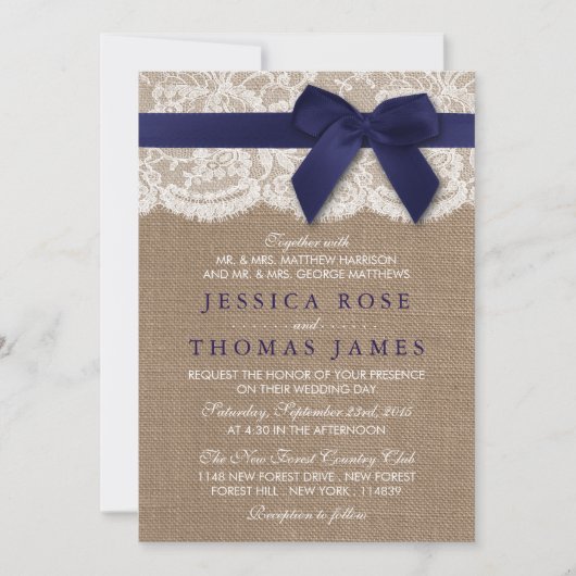 Burlap, Lace, Ribbon & Bow Rustic Wedding - Navy Kaart (Voorkant)