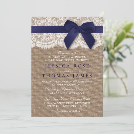 Burlap, Lace, Ribbon & Bow Rustic Wedding - Navy Kaart (Staand voorkant)