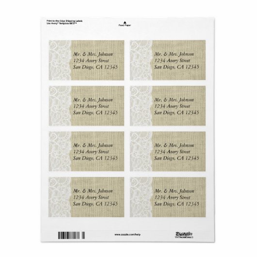 Burlap & Lace Romantische Landelijke Adresetikette Etiket (Full Sheet)