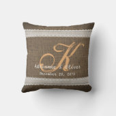 Burlap Lace Rustic Country Wedding Monogram Kussen (Achterkant)