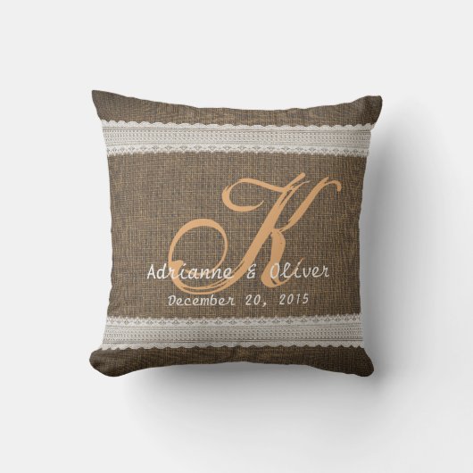 Burlap Lace Rustic Country Wedding Monogram Kussen (Voorkant)