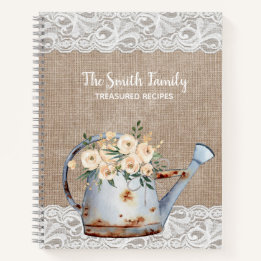 Burlap Lace Rustic Teapot White Flowers Notitieboek