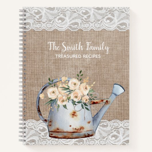 Burlap Lace Rustic  Teapot White Flowers Notitieboek (Voorkant)