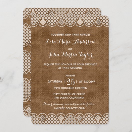 Burlap Lace Rustic Wedding Invitation Kaart (Voorkant / Achterkant)