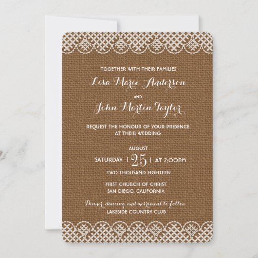 Burlap Lace Rustic Wedding Invitation Kaart (Voorkant)