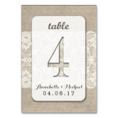 Burlap Lace Rustic Wedding Table Number Card 4 Kaart (Achterkant)