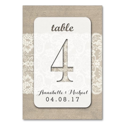 Burlap Lace Rustic Wedding Table Number Card 4 Kaart (Voorkant)