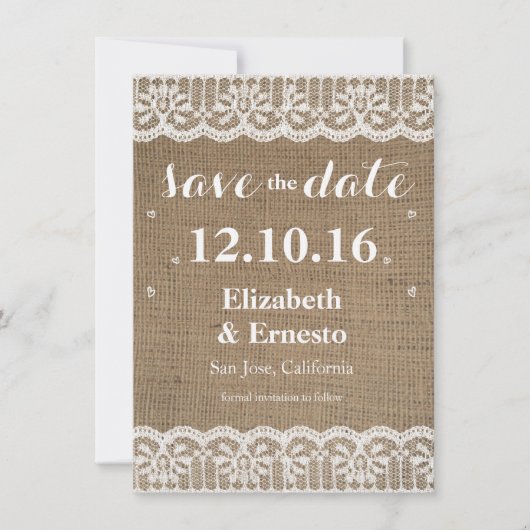 Burlap Lace Rustieke bruiloft Save the Dates 4.5x6 Date (Voorkant)