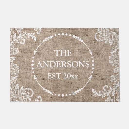Burlap Lace Rustieke Chique Gepersonaliseerde Naam Deurmat (Voorkant)