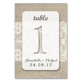 Burlap Lace Rustieke Trouwtafel Nummer Kaart 1 (Achterkant)