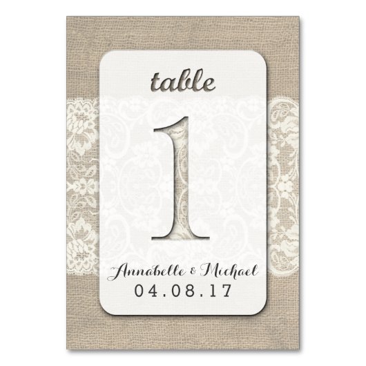 Burlap Lace Rustieke Trouwtafel Nummer Kaart 1 (Voorkant)