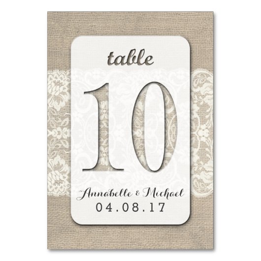 Burlap Lace Rustieke Trouwtafel Nummer Kaart 10 (Voorkant)