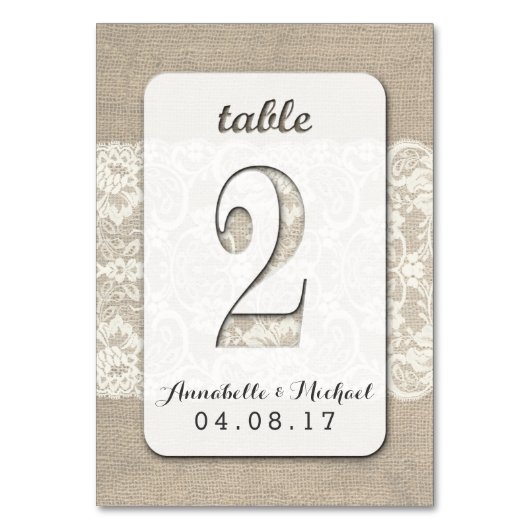 Burlap Lace Rustieke Trouwtafel Nummer Kaart 2 (Achterkant)