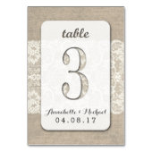 Burlap Lace Rustieke Trouwtafel Nummer Kaart 3 (Voorkant)