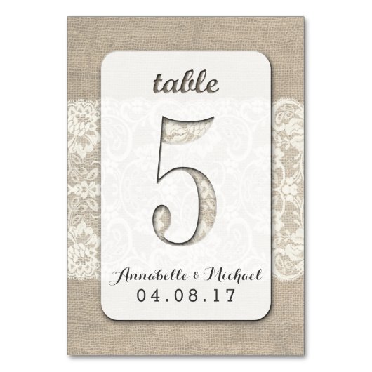 Burlap Lace Rustieke Trouwtafel Nummer Kaart 5 (Voorkant)