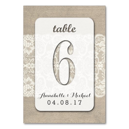 Burlap Lace Rustieke Trouwtafel Nummer Kaart 6 (Voorkant)