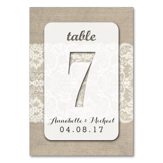 Burlap Lace Rustieke Trouwtafel Nummer Kaart 7 (Voorkant)