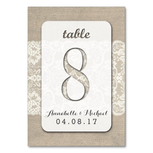 Burlap Lace Rustieke Trouwtafel Nummer Kaart 8 (Voorkant)