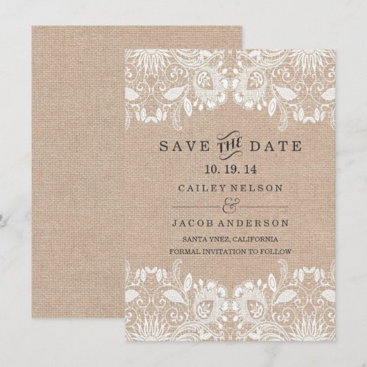 Burlap & Lace Save the Date Kaart (Voorkant / Achterkant)