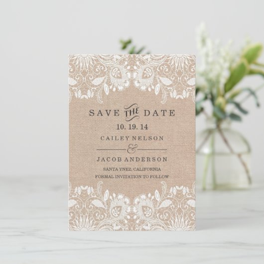 Burlap & Lace Save the Date Kaart (Staand voorkant)