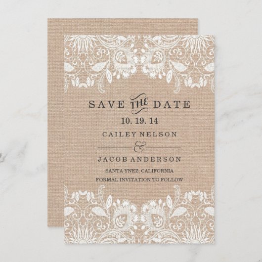Burlap & Lace Save the Date Kaart (Voorkant / Achterkant)