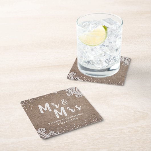 Burlap Lace Silglitter Mr & Mrs Rustic bruiloft Kartonnen Onderzetters (Insitu)